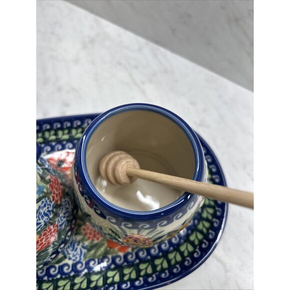 Unikat Polish Pottery Floral Creamer Pitcher And Honey Jar On Serving Tray - Picture 10 of 11